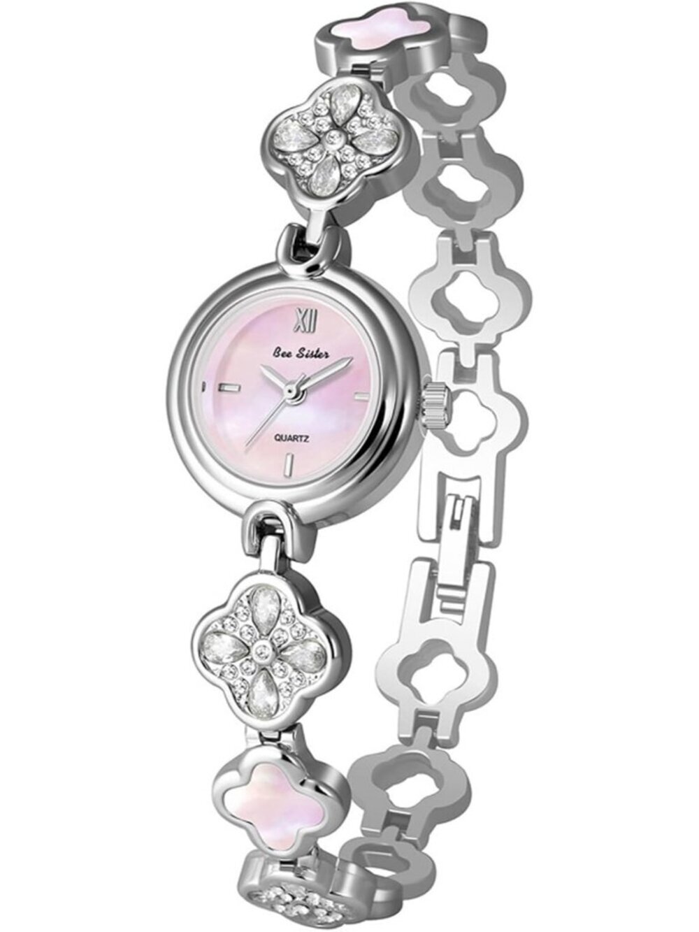 Womens Silver Analog Quartz Vintage Hollow Four Leaf Chain Bracelet Luxury Watch